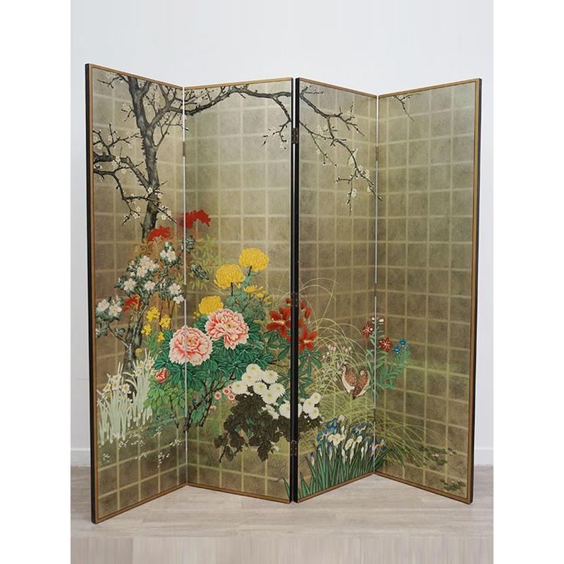 新中式金箔屏风纯手绘客厅办公室背景可移动折屏茶式玄关背景艺术