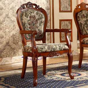 美式乡村餐椅实木雕花布艺椅子餐厅餐椅深色欧式软包餐桌椅组合