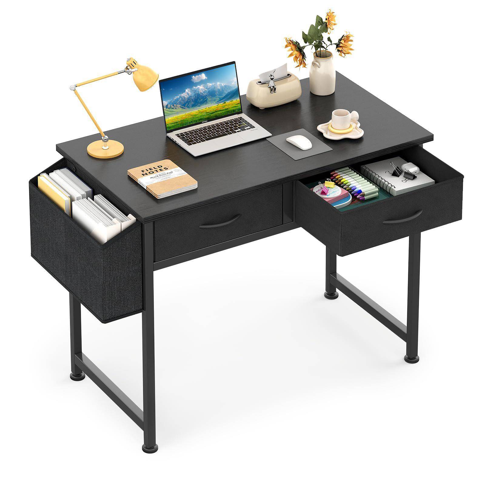 现代简约电脑办公桌带布艺抽屉卧室家用办公桌带侧袋和挂钩