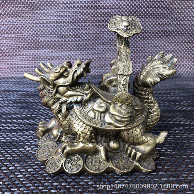 纯铜如意龙龟摆件龙龟背如意元宝铜钱铜器家居装饰工艺品
