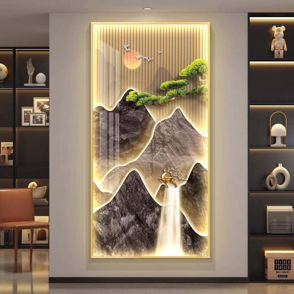 流水生财入户玄关装饰画过道走廊LED灯壁画新中式迎客松带灯挂画