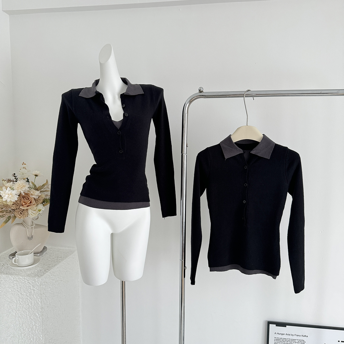 下周六女秋美式辣妹假两件长袖POLO衫上衣黑灰色拼接针织毛衣