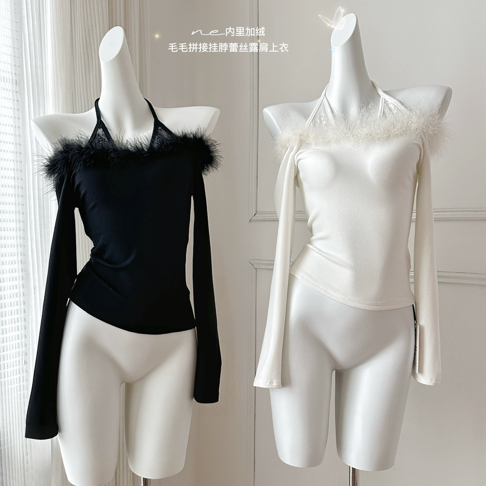 内里磨毛！鸵鸟毛拼接纯欲一字领针织衫冬季修身挂脖上衣