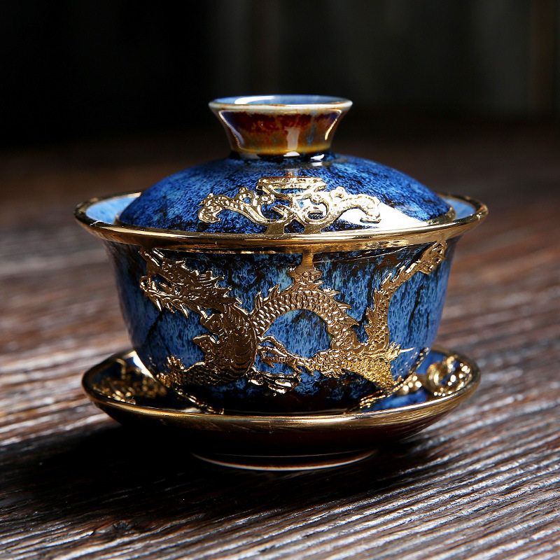 镶金整套功夫茶具套组建盏窑变陶瓷家用简约盖碗鎏金茶杯茶壶茶海