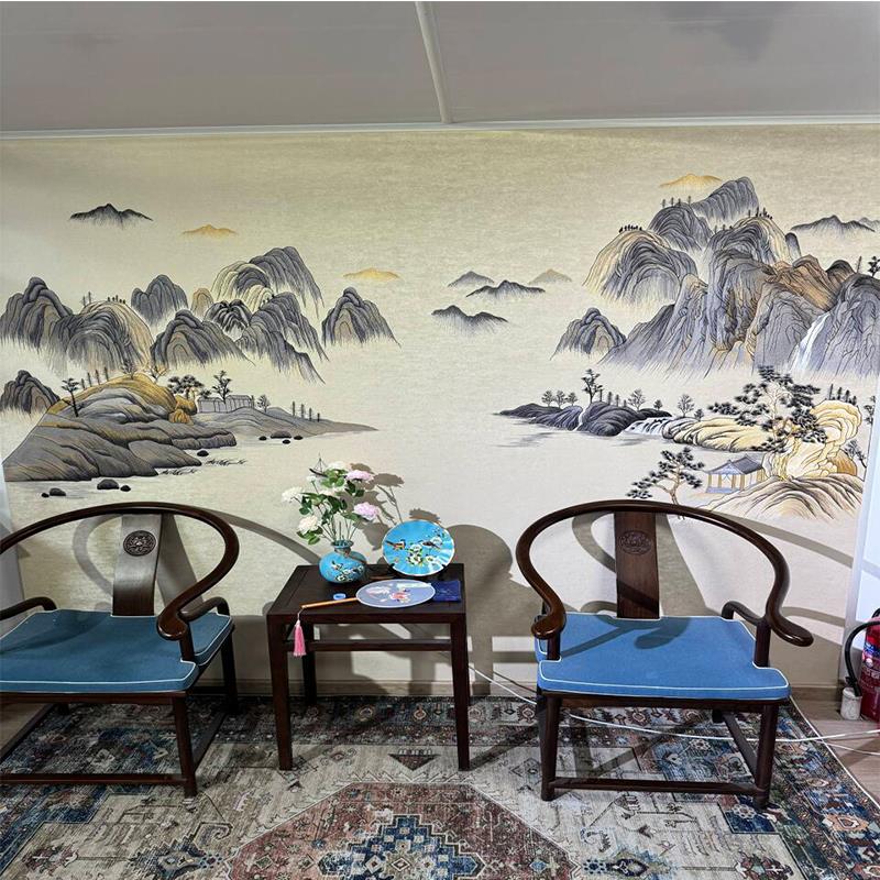 独绣新款独秀刺绣无缝壁布悠然山居图客厅电视沙发背景墙布新中式