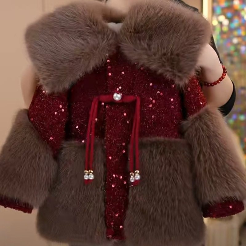 女童新款加绒加厚亮片皮草鹿角国风洋气拜年服爆款年货女孩年服潮