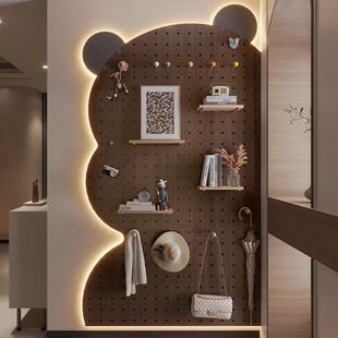 实木洞洞板灯带置物架配件熊猫定制造型墙入户玄关遮挡黑胡桃木色