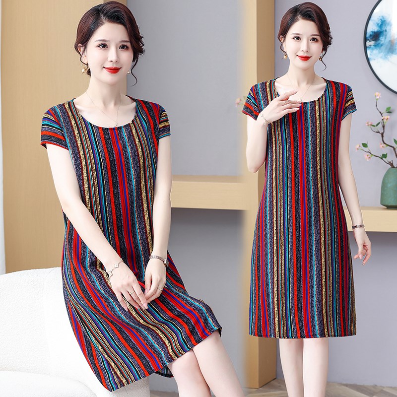 中老年女装夏季棉绸连衣裙短袖套衫大码宽松时尚家居服薄女款裙子