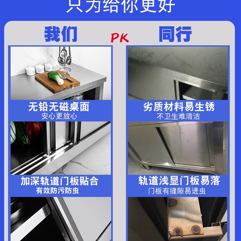 商用不锈钢台面厨房可移动工作台带轮子双通操作台推拉门单通橱柜