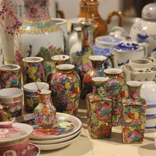 广彩花瓶 70年代潮州出口创汇陶瓷器 手彩小净瓶胆瓶 小白酒杯