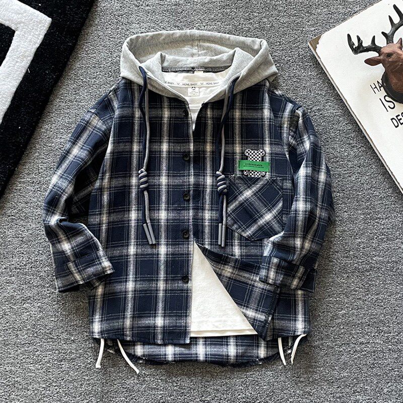 男童春秋款格子衬衫外套休闲儿童连帽夹克2024新款洋气中大童上衣