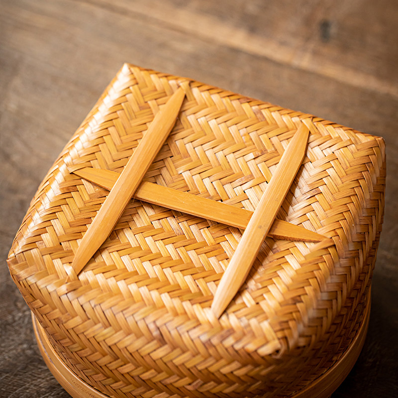 中式圆形复古竹编果盘 家用带盖收纳盒小号糖果盒茶具收纳篮竹篮