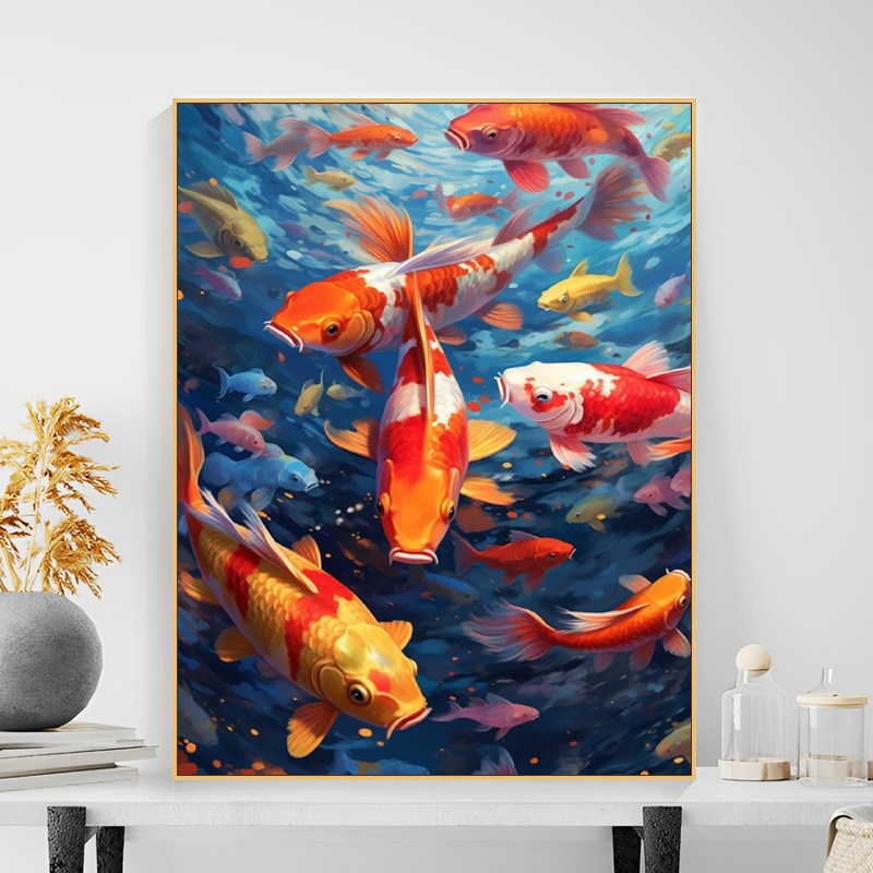 锦鲤diy数字油画新中式家居客厅卧室礼物手绘手工丙烯画装饰挂画图片