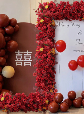 红色舞台布置花艺套装花门花排车展婚庆瀑布型路引花堆拖尾插花