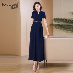 藏蓝色连衣裙女夏2024新款高级感质感正式场合超长裙子到脚踝797