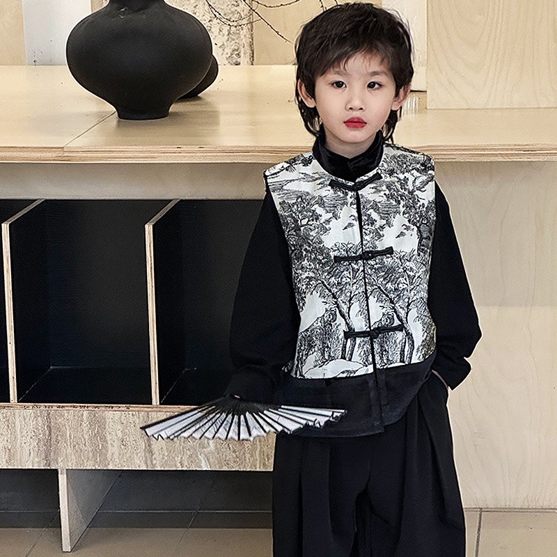 新中式童装国潮风唐装 男童中式马甲复古水墨风背心儿童上衣外套