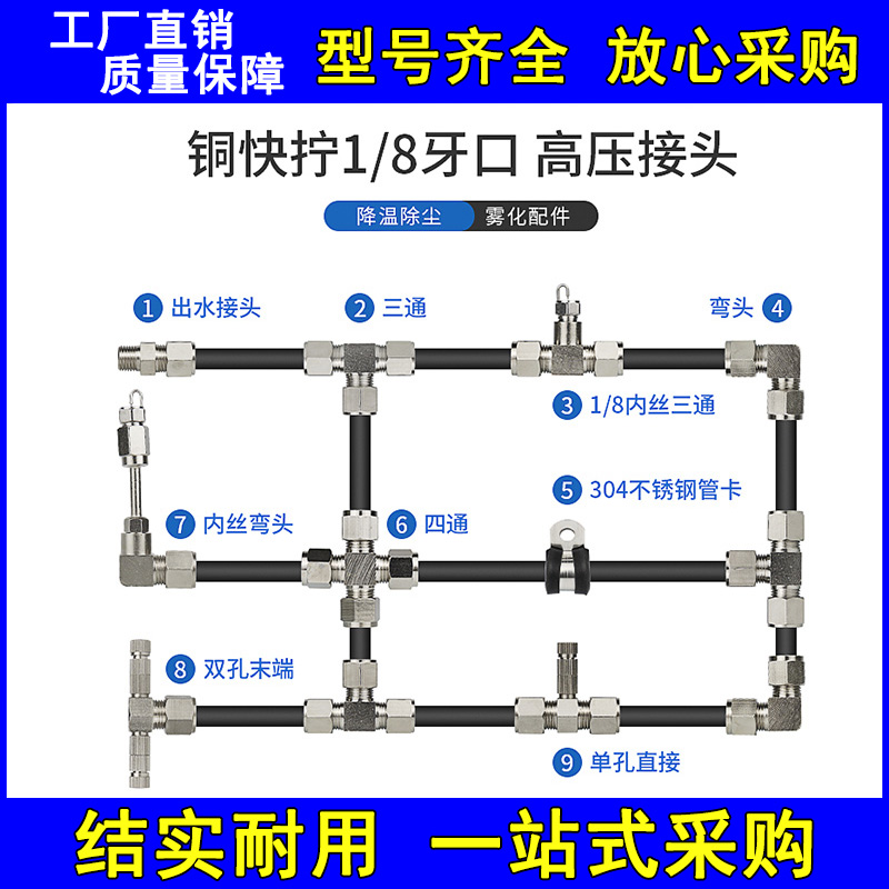 9.52mm雾森系统配件高压不锈钢管雾化卡套式管接头三通快插喷座
