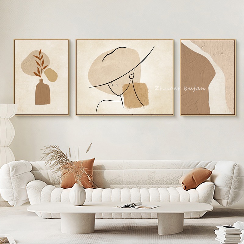 侘寂奶油风客厅装饰画艺术人物极简抽象壁画三联画沙发背景墙挂画