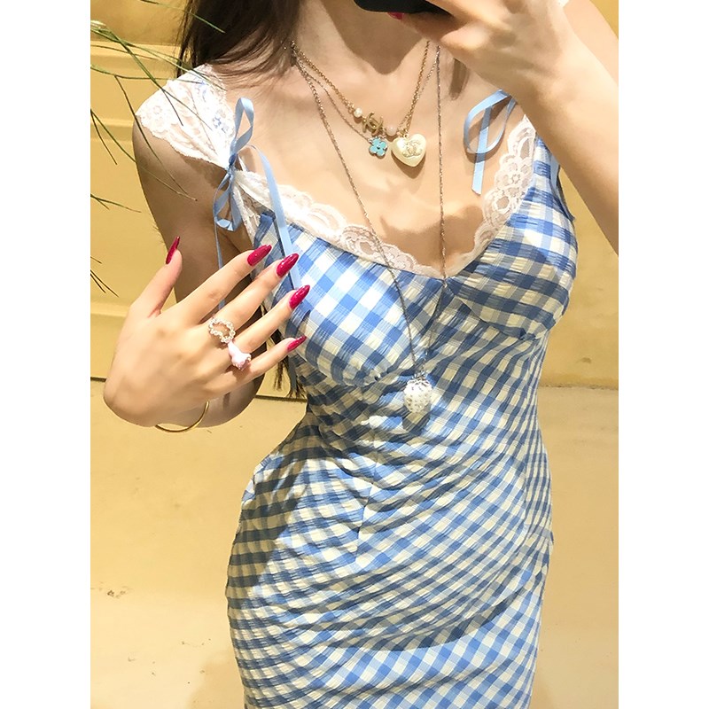 12YE 格子吊带连衣裙女夏季新款V领包臀长裙修身收腰浅蓝色裙子