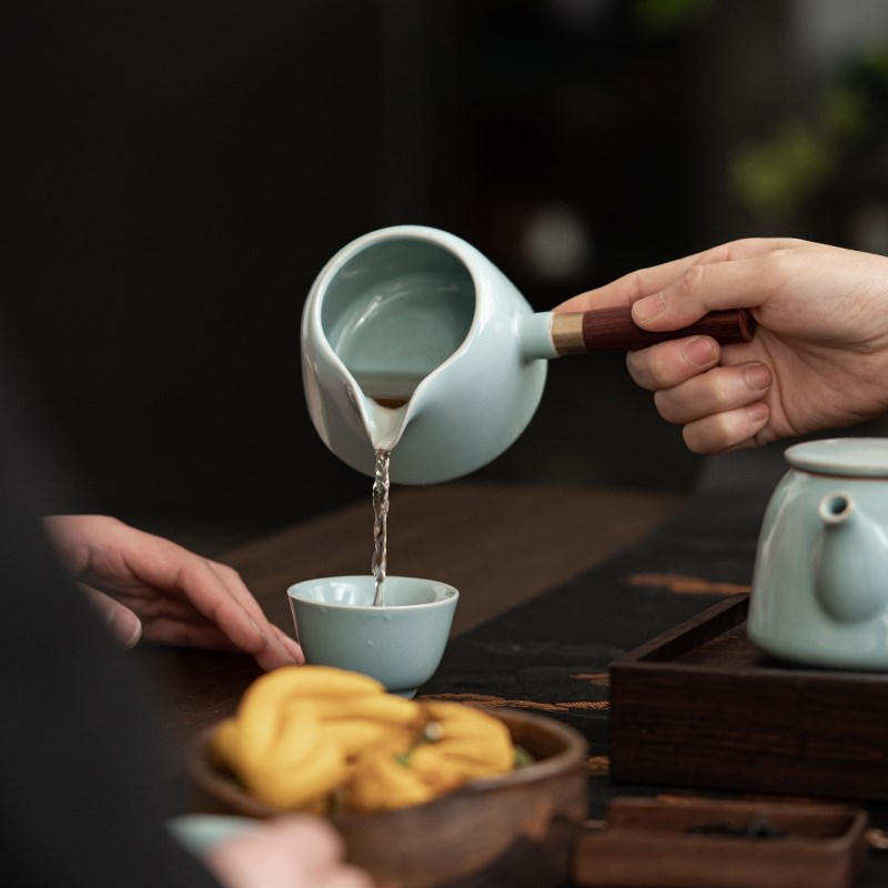 汝窑木把侧把壶家用手工汝瓷茶壶陶瓷单壶简约功夫茶具手柄泡茶壶