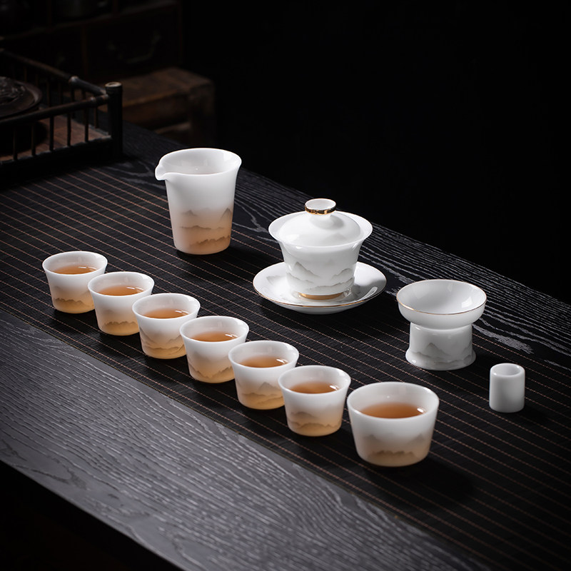 高档远山盖碗功夫茶具办公室茶杯冰玉瓷家用全套茶具礼品