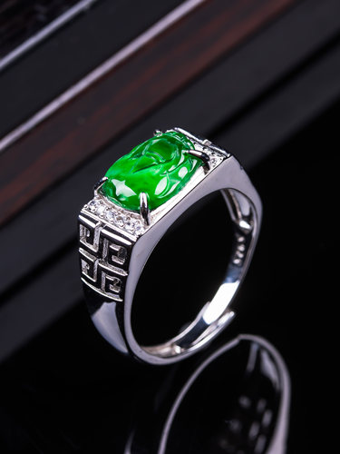 天然翡翠A货s925银镶冰种冰阳绿貔貅戒指