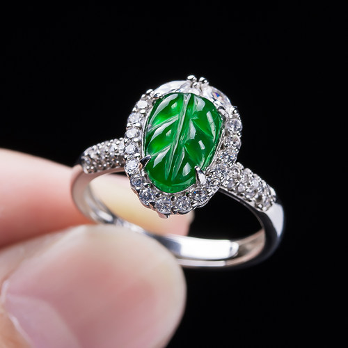 天然翡翠A货戒指女款S925银镶嵌金枝玉叶时尚百搭饰品礼物送女友