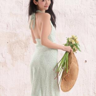 FlowerinMood｜「薄荷曼波」春夏薄荷绿挂脖无袖法式碎花连衣裙
