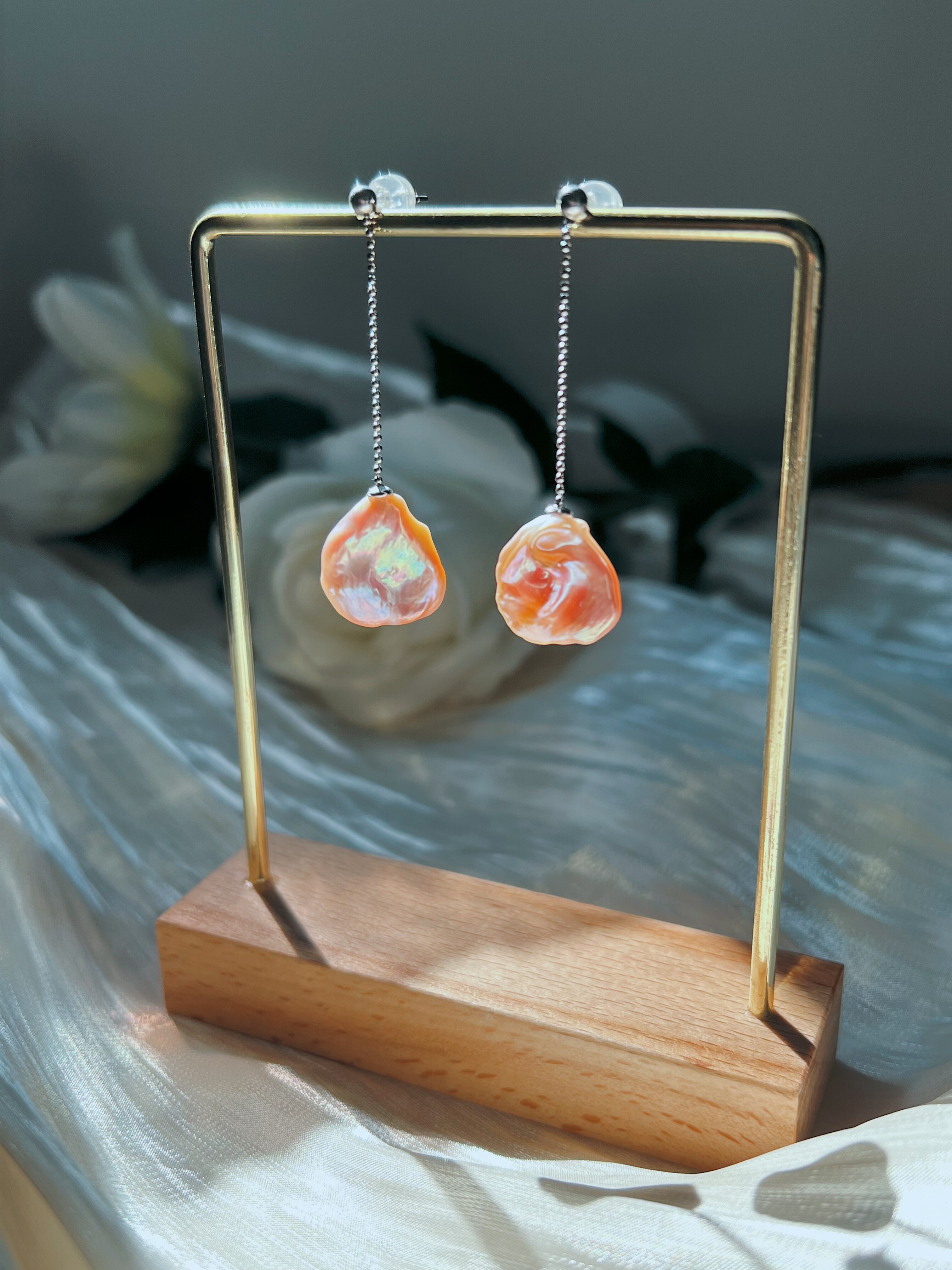 天然淡水极光粉紫色巴洛克花瓣珍珠耳坠法式仙气长款耳线显脸瘦