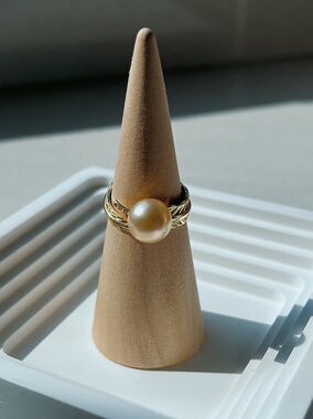 FJN Studio新年礼物重工天然淡水爱迪生金珠S925银羽毛上开口戒指