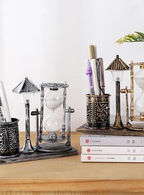 创意学生礼品仿古流砂路灯笔筒 学生礼品白色沙漏双色小夜灯摆件