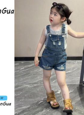 女童裤子2026夏装新款儿童时髦洋气破洞牛仔背带裤女孩百搭短裤潮