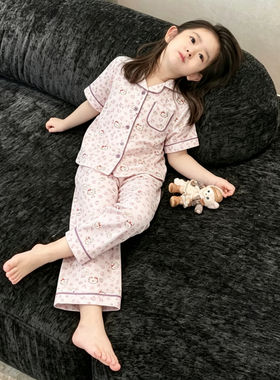 女童睡衣2026夏装新款女孩粉色豹纹卡通猫咪短袖长裤家居服两件套