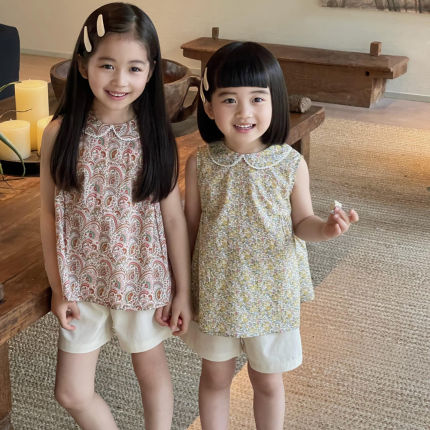 女童衬衫2026夏季新款女孩洋气复古碎花背心宝宝薄款无袖印花上衣