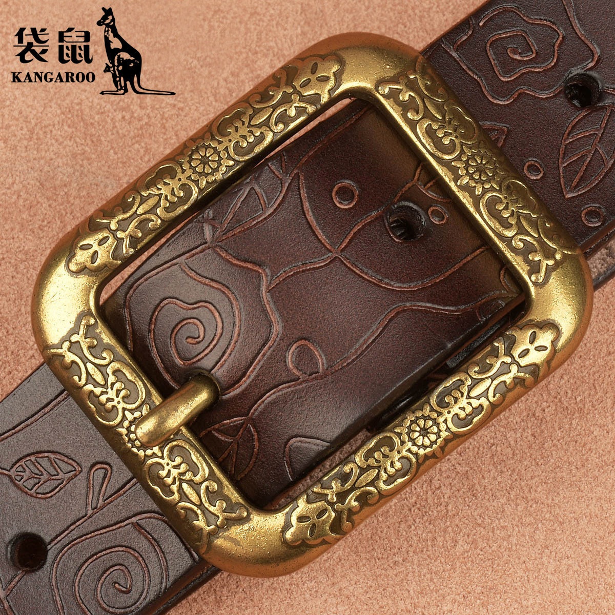 袋鼠复古压花男真皮裤带女潮纯牛皮皮带针扣头牛仔裤腰带2026新款