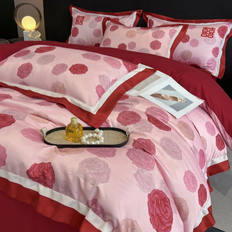 中式结婚四件套大红色新婚陪嫁床单被套纯棉婚庆床上用品婚房喜被