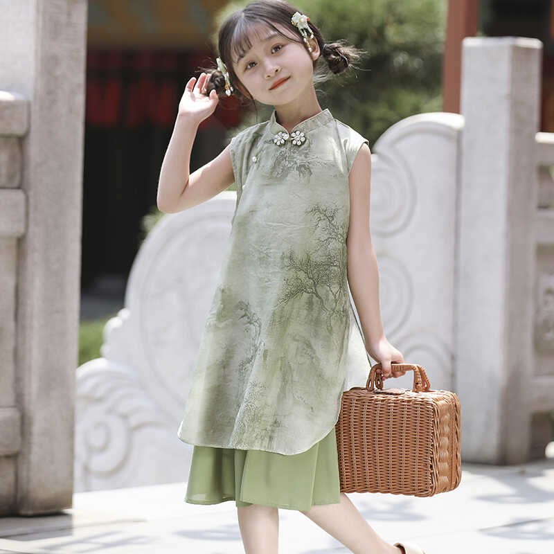 新中式旗袍女童中国风绿色裙子夏季2024新款宝宝古风汉服连衣裙