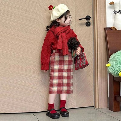 童装2024女童红色格纹毛呢秋冬复古格子高腰包臀短裙A字半身长裙9