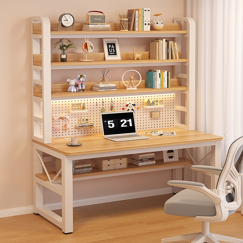 实木电脑桌台式卧室家用电竞桌办公桌带洞洞板学生书桌书架一体桌
