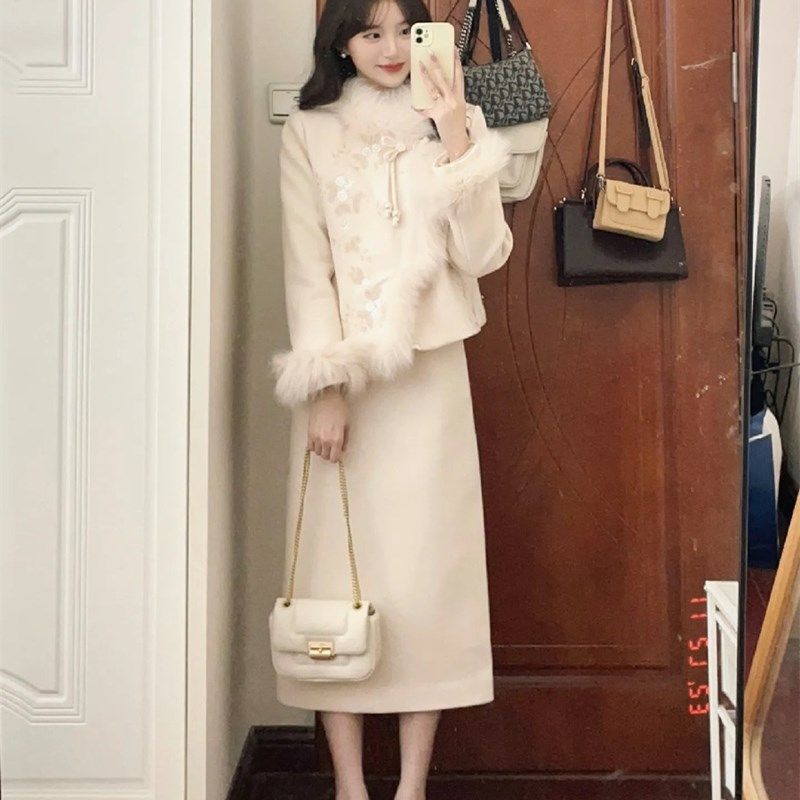 大码胖mm新中式国风毛毛拼接毛呢外套半身裙女秋冬气质改良两件套