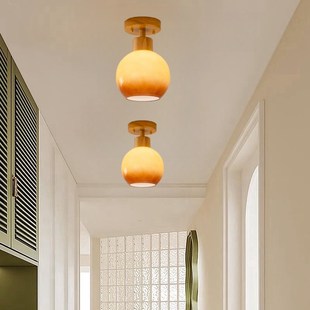 中古玄关入户过道灯原木奶油柿子吸顶灯复古胡桃木日式阳台走廊灯
