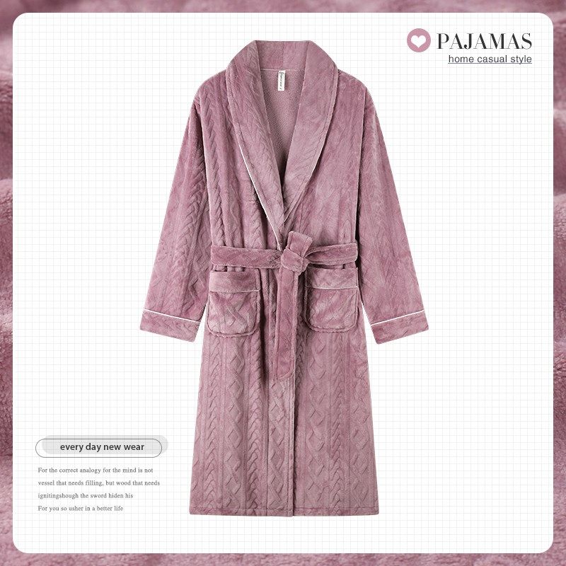 法兰绒睡袍女款秋冬季加厚加绒珊瑚绒妈妈宽松大码居家浴袍中长款