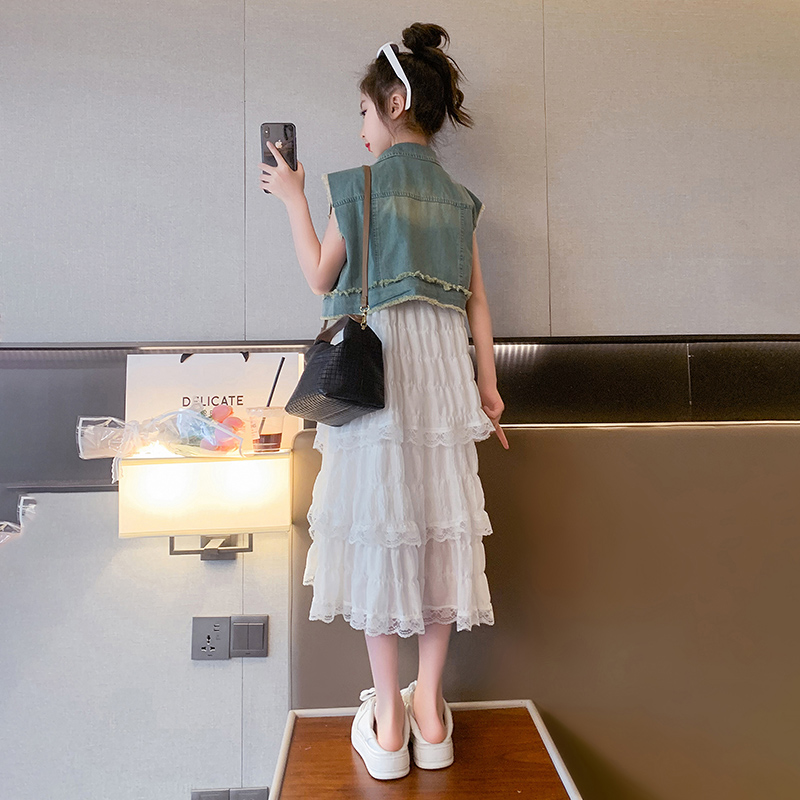女童夏装套装2023新款时髦洋气中大儿童牛仔马甲吊带裙两件套夏季