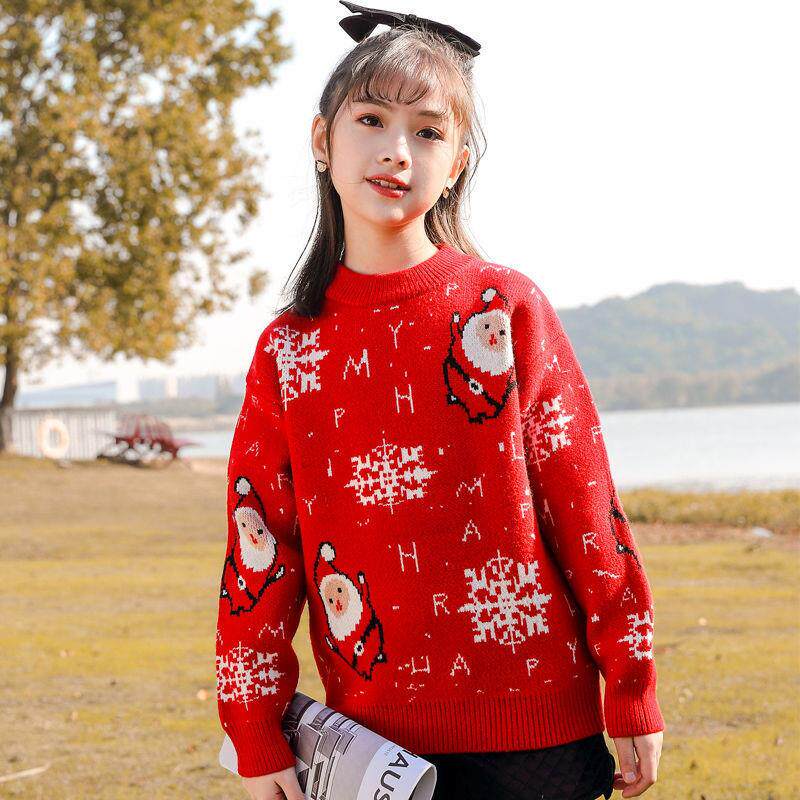女童毛衣套头秋冬款中大童儿童圣诞老人衣服洋气加厚保暖针织衫潮