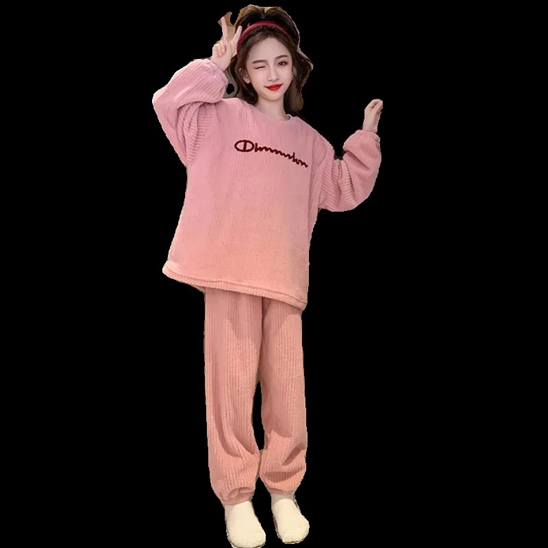 法兰绒儿童睡衣冬季新款珊瑚绒女童睡衣套装宽松保暖中大童家居服