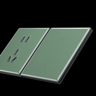 超薄瓦松绿钢化玻璃开关面板家用镜面简约一开五孔双控16A插座USB