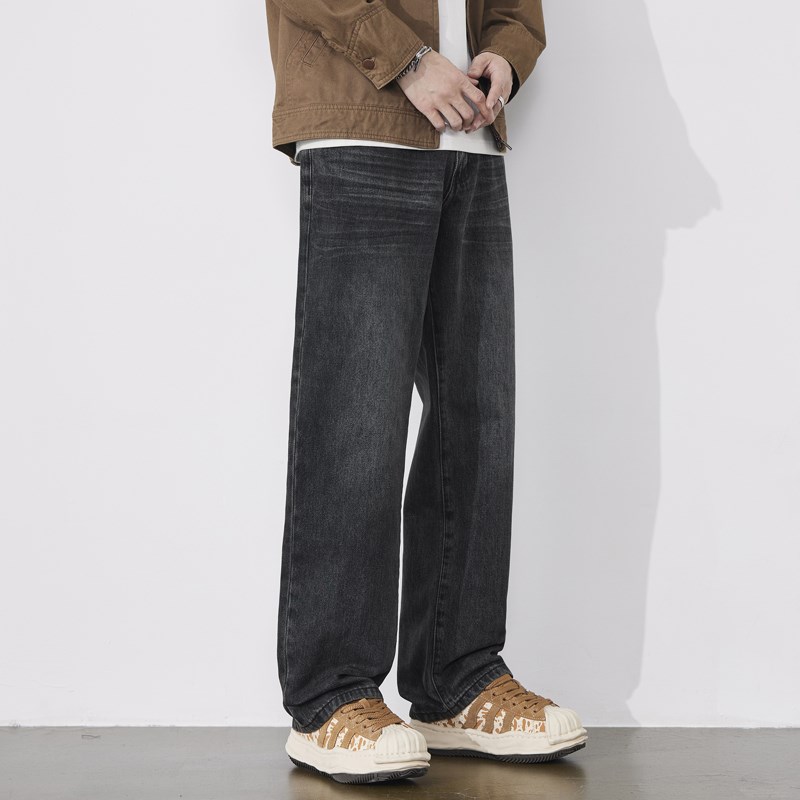 雅仓秋季黑色牛仔裤男宽松直筒立体猫须阔腿垂感2024新款水洗裤子