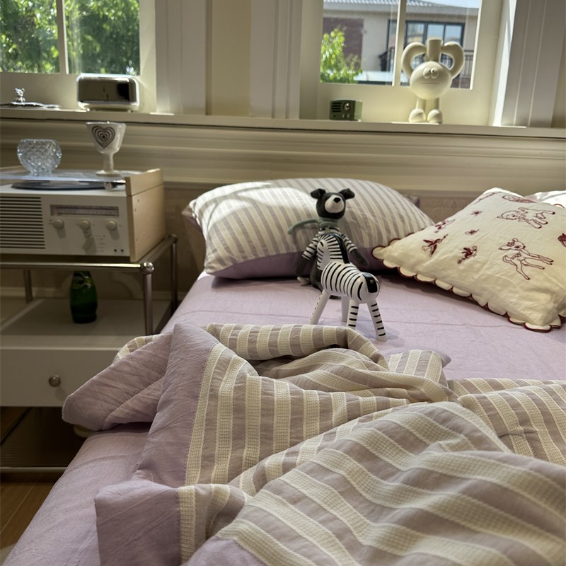 水洗棉提花紫条纹单双人夏凉被四件套薄被子空调被纯棉被芯少女心