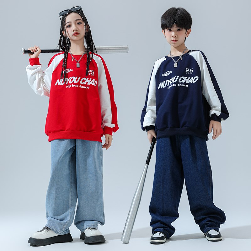 街舞儿童潮服架子鼓表演服男童美式机车hiphop酷帅卫衣牛仔裤套装