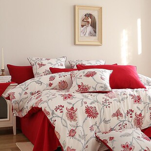 60支婚庆四件套酒红色全棉纯棉结婚床品婚房高档陪嫁喜被正反两用